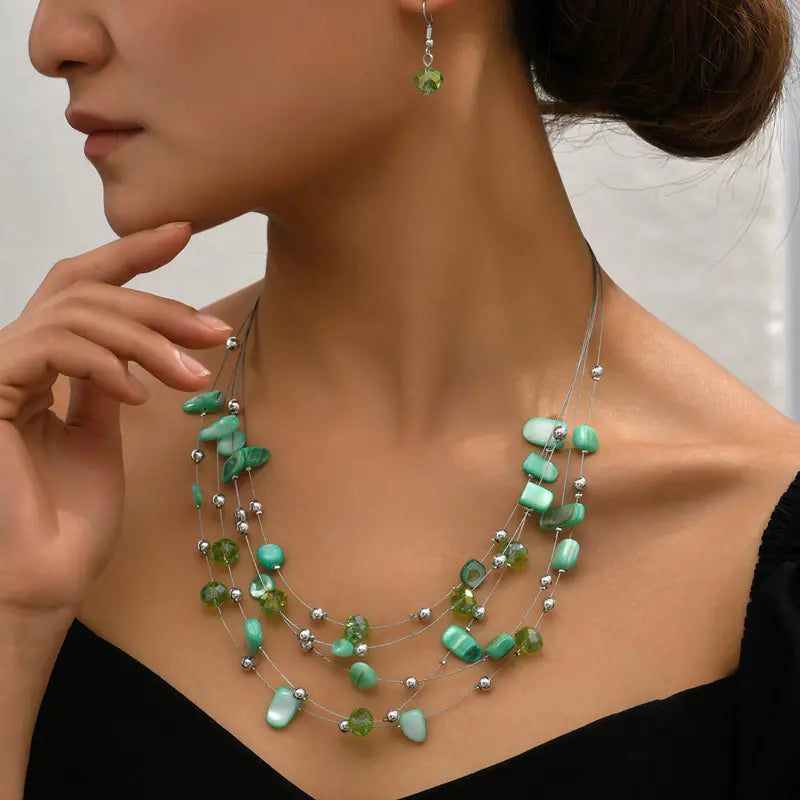 Bohemian Layered Crystal Shell Earrings Necklace Set