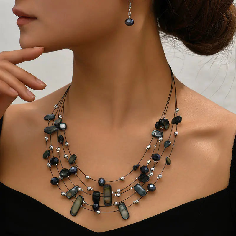 Bohemian Layered Crystal Shell Earrings Necklace Set