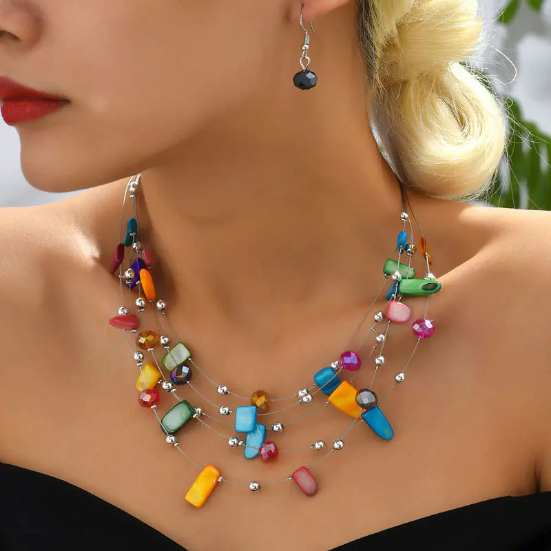 Bohemian Layered Crystal Shell Earrings Necklace Set