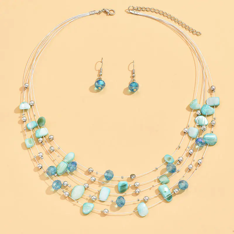 Bohemian Layered Crystal Shell Earrings Necklace Set