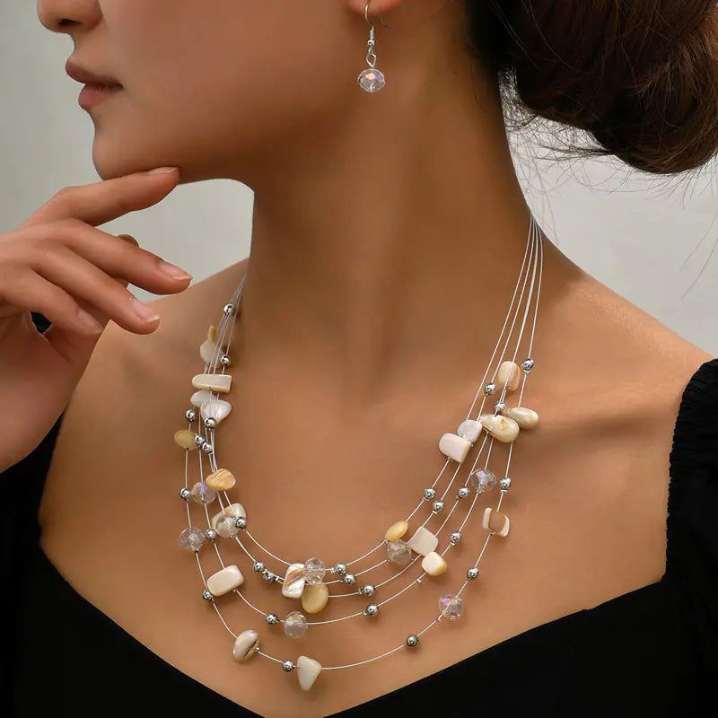 Bohemian Layered Crystal Shell Earrings Necklace Set