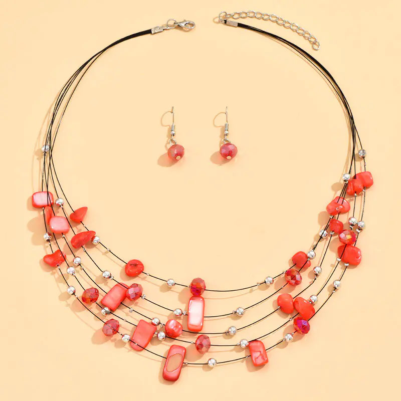 Bohemian Layered Crystal Shell Earrings Necklace Set